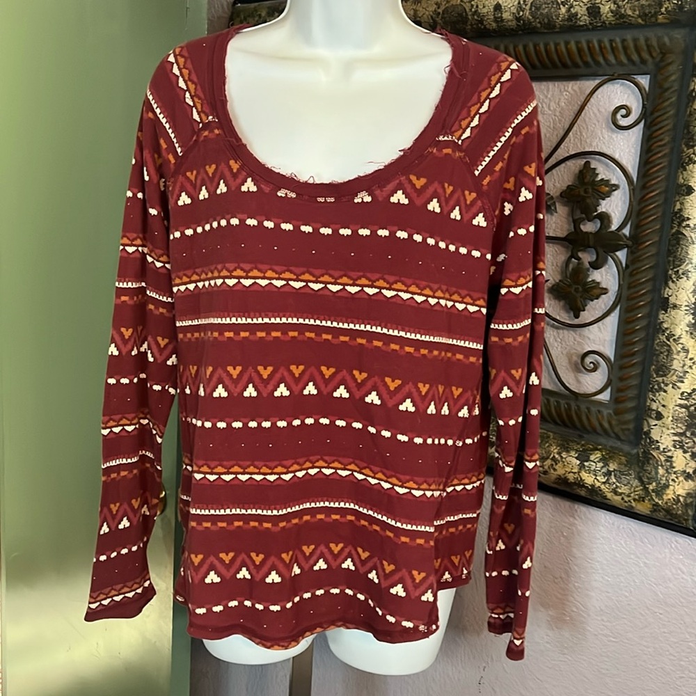 Lucky Brand Top- waffle knit Long Sleeve stretch tribal print XL